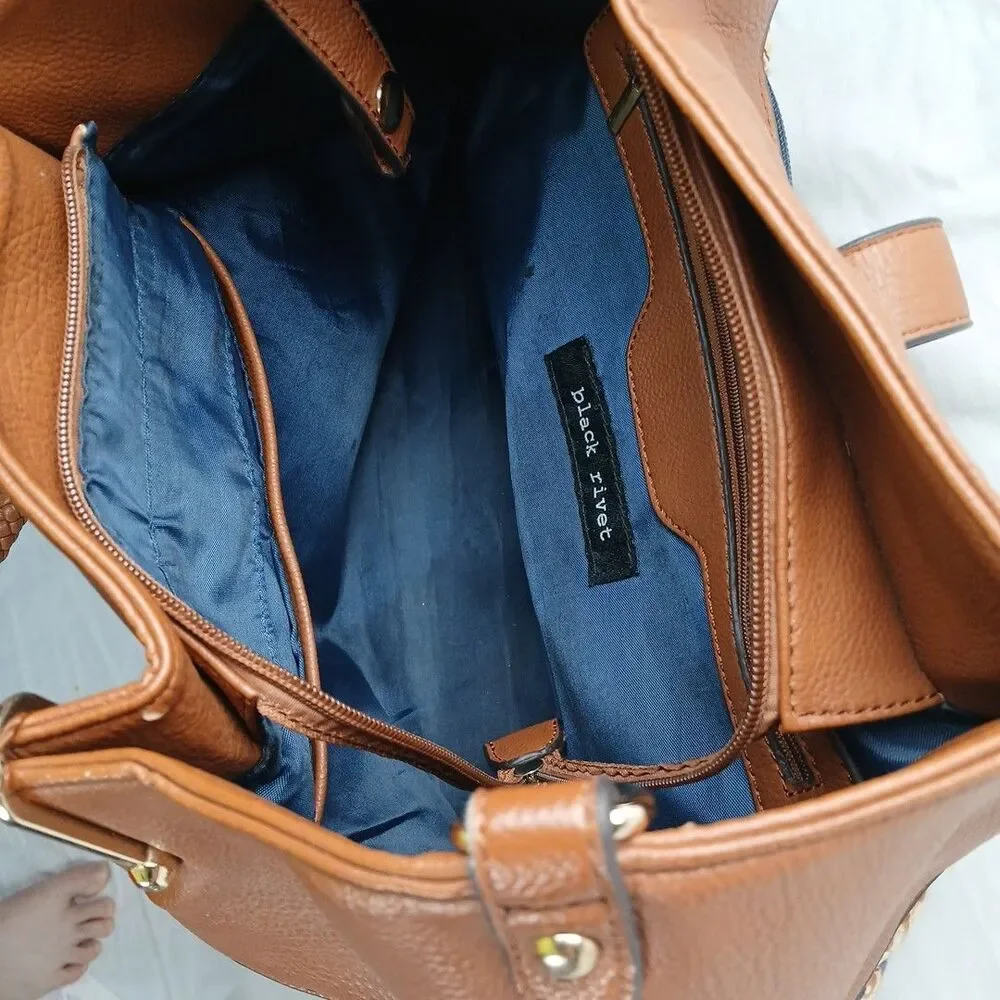 Black Rivet Floral Tapestry Shoulder Bag with Brown Leather Trim